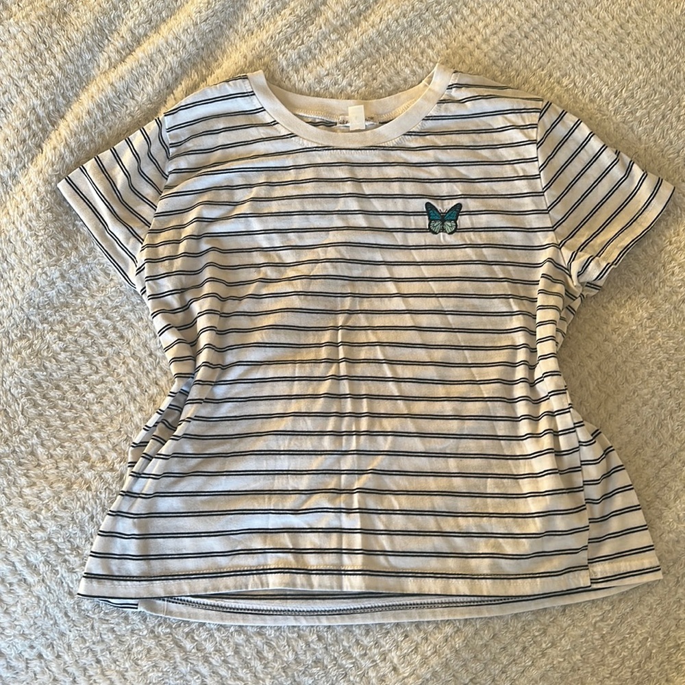Striped black and white T-Shirt with blue butterfly
